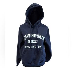 Unisex navy blue with white screen print Leavenworth WA hoodie sweatshirt sz S